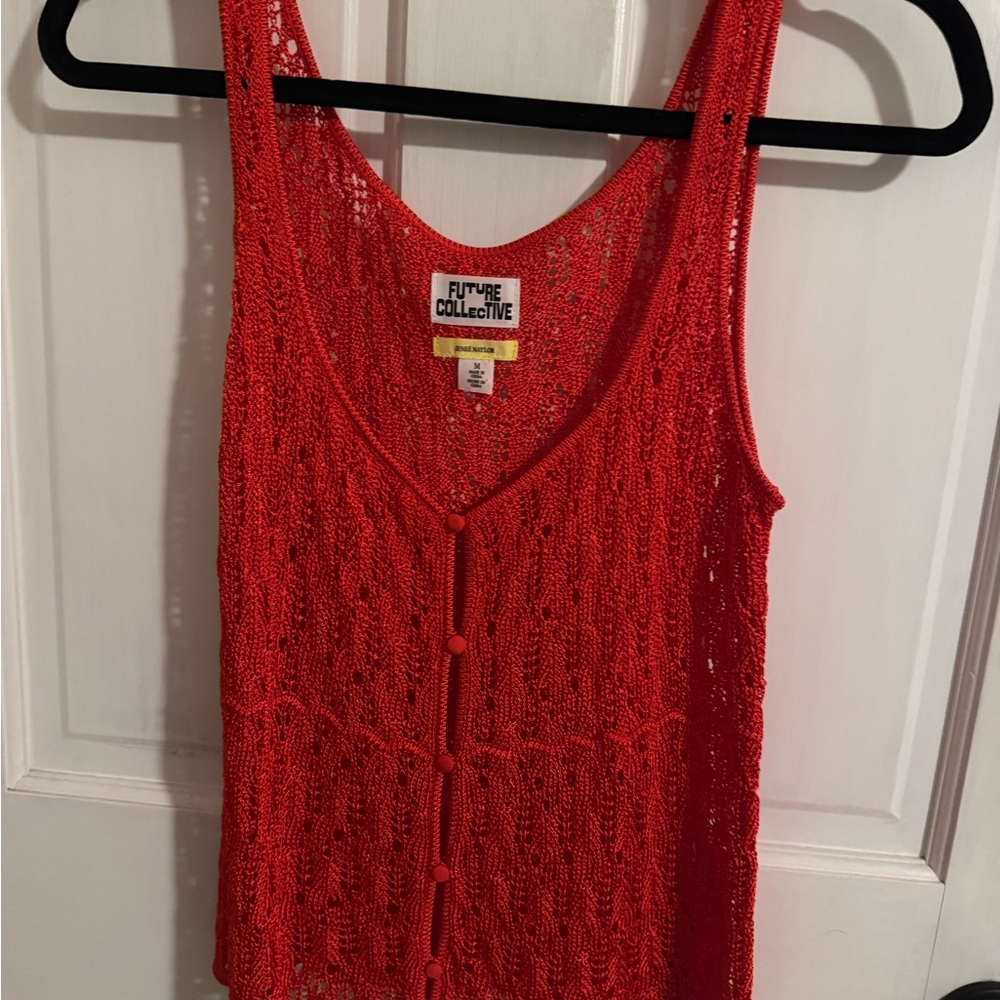 Future Collective Red Crochet Button-Front Tank Top